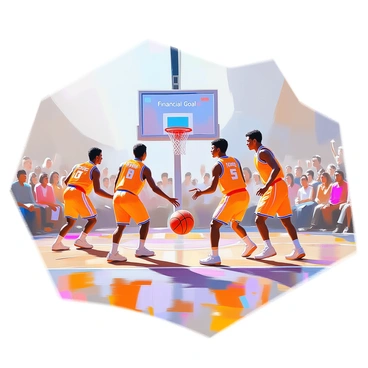 A dynamic basketball game scene featuring players on a colorful court. Each player is wearing jerseys with labels representing different budget categories, such as "Essentials," "Savings," "Investments," and "Discretionary." The athletes are in action, dribbling and passing the ball, as they strive towards a large scoreboard displaying a "Financial Goal" at the far end of the court. The audience in the background is excited, cheering for their favorite players. The court is marked with lines and logos, emphasizing the competitive atmosphere of the game.