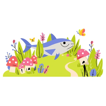 A whimsical garden filled with colorful flowers and lush green plants. In the center of the garden, there is a large sculptural representation of a tuna, painted in bright blues and silvers to resemble the ocean. The tuna sculpture is surrounded by playful elements like oversized mushrooms and tiny fairy houses. Butterflies in vivid colors flit around, and a small winding path leads through the garden, inviting exploration.