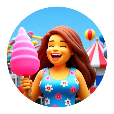 A plus-sized woman with long, curly hair is enjoying a summer carnival. She is wearing a colorful sundress with floral patterns. She is holding a large piece of pink cotton candy in one hand. Her face is lit up with joy as she laughs, showcasing her bright smile. The background features vibrant carnival rides, colorful balloons, and a clear blue sky.