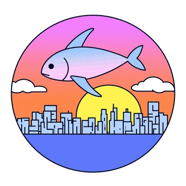 A flying fish with shimmering scales gliding gracefully through the air. The fish has elongated fins that resemble wings, capturing the warm hues of the setting sun. Below, a sprawling metropolitan skyline is silhouetted against the vibrant orange and pink sky. The skyscrapers of various heights create a dynamic cityscape. Soft clouds drift in the background, while the last rays of sunlight reflect off the glass surfaces of the buildings.