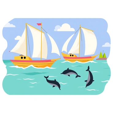 A large mural depicting an exciting ocean adventure scene. The background features a bright blue sky with fluffy white clouds. In the water, two elegant sailing ships with billowing white sails glide across the waves. Playful dolphins leap joyfully out of the water near the ships. The ocean is a deep turquoise color, with gentle waves splashing around. On the horizon, a small island can be seen, adding to the sense of adventure in this vibrant and dynamic mural.