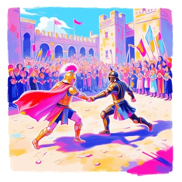 An epic battle scene is unfolding in the middle of a packed arena. Two champions, one clad in shining armor with a detailed helmet decorated with feathers, and the other wearing dark leather armor with intricate designs, are locked in combat. The bright sun casts dynamic shadows on the sandy ground. Surrounding them, a diverse crowd of spectators is cheering, their faces displaying excitement and tension. Colorful banners wave above the arena, adding to the atmosphere. In the background, stone walls rise high, with arches and columns framing the action. Dust is kicked up from the fighters' movements, capturing the intensity of the moment.