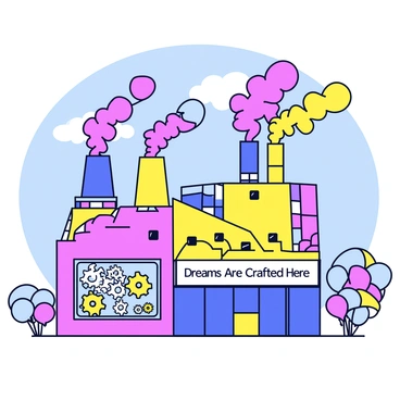 A whimsical factory with a vibrant exterior painted in various bright colors. The factory has large windows showcasing the inner workings filled with shiny gears turning in motion. Above the factory, colorful smoke billows out in swirls of pink, blue, and yellow, creating a playful atmosphere. A sign above the entrance reads "Dreams Are Crafted Here" in cheerful lettering. The surroundings include whimsical trees with candy-colored leaves and a clear blue sky serving as a backdrop.