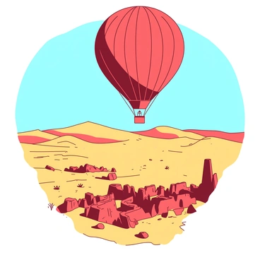A bright red gas balloon floats gently above a vast desert landscape filled with ancient ruins. Below the balloon, scattered remnants of old stone structures are partially buried in the golden sand. The ruins include crumbling walls and weathered columns, casting long shadows in the warm sunlight. In the distance, rolling sand dunes stretch towards the horizon, and a few sparse desert plants can be seen dotting the arid terrain. The sky above is a clear blue, providing a striking contrast to the vibrant red of the balloon.