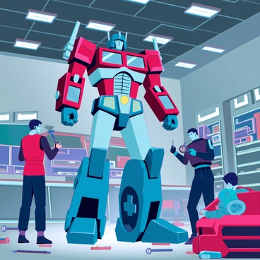 Optimus Prime, the towering robot with a blue and red metallic exterior, is positioned in a mechanic's garage. He has visible wear and tear, with several areas of his armor exposed, revealing intricate circuitry and machinery underneath. Skilled mechanics are busy around him, holding tools such as wrenches and screwdrivers, while others are examining various car parts scattered across the garage floor. The garage is filled with overhead lights that cast a bright glow, illuminating the assembly of parts and machinery. Various robot components and automotive tools are neatly organized on shelves and workbenches, enhancing the industrial atmosphere of the scene.