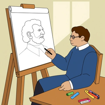 An artist sketching Abraham Lincoln's profile in charcoal