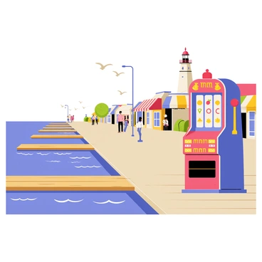 An old maritime harbor scene featuring wooden docks extending over the water. Colorful boats are moored along the sides, with gently rippling waves reflecting the sunlight. A vintage slot machine stands prominently on the boardwalk, designed with bright red and blue colors and adorned with classic symbols like cherries and bells. Seagulls are flying overhead, and a few people are strolling along the boardwalk, enjoying the lively atmosphere. The background includes quaint shops with awnings and a lighthouse standing tall near the horizon.