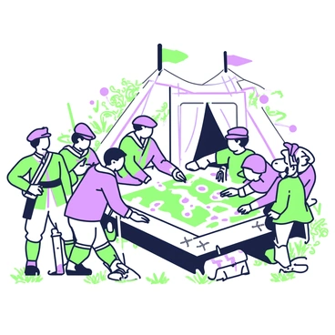 An illustrated magazine page features a scene from a historical event. In the center, a group of soldiers in period uniforms are gathered around a large map on a wooden table. Some are pointing at specific locations on the map while others listen intently. The background showcases a tent with flags and equipment scattered about, hinting at a military camp. In the foreground, a soldier is writing notes on a parchment with a quill, while another soldier stands nearby holding a sword. Sunlight filters through the tent’s opening, casting shadows on the ground.