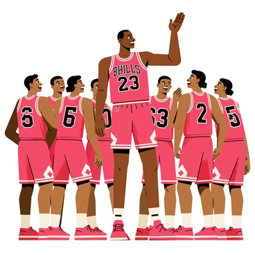 Michael Jordan stands in the center of a victory huddle with his Chicago Bulls teammates around him. He is wearing a red Chicago Bulls jersey with the number 23 prominently displayed. His expression is confident and triumphant as he gestures passionately, rallying his teammates. The players are dressed in their red and black jerseys, each displaying their own unique number. The huddle creates a tight circle, with faces showing a mix of joy and determination. The setting suggests a basketball court, with a scoreboard visible in the background showing a winning score.