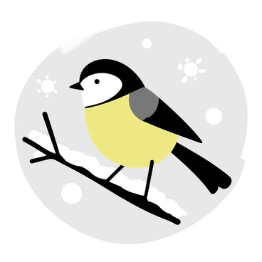 A great tit, with a bright yellow belly and black cap on its head, is perched on a snow-covered branch. The branch is thick and sturdy, layered with a soft coating of white snow. Around the bird, snowflakes are gently falling from a gray sky, creating a tranquil winter scene. The great tit's wings are slightly spread, showcasing its delicate feathers, while its small, sharp beak is pointed downwards. The background fades into a soft blur of white and gray, emphasizing the bird and the branch.