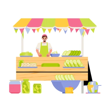 A festive market stall with a colorful striped awning. The stall features a wooden table adorned with various cucumber dishes, including bright green cucumber salads, thinly sliced cucumbers arranged decoratively, and cucumber sandwiches cut into triangles. Surrounding the stall are small jars filled with cucumber pickles and a large bowl of chilled cucumber soup. Brightly colored banners hang from the stall, and a cheerful vendor wearing an apron stands behind the table, serving customers.