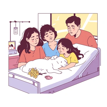A family gathered around a hospital bed, softly saying goodbye to a beloved pet.