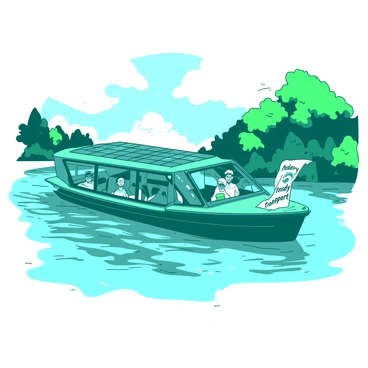 A teal solar-powered boat is gliding smoothly across the surface of the Ganges River. The boat features sleek, modern lines and has solar panels mounted on its roof, glistening under the sunlight. Surrounding the boat, the water reflects a mix of light and ripples, enhancing the vibrant atmosphere. On the deck of the boat, there are several passengers smiling and enjoying the ride, while banners promoting "eco-friendly transport" are elegantly displayed on the sides. Lush greenery and trees line the riverbanks, providing a scenic backdrop.