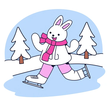 A rabbit girl with fluffy white fur and long ears is ice skating on a frozen pond. She wears a bright red scarf that flows behind her as she glides gracefully across the ice. Her eyes are large and expressive, filled with joy. Snow-covered trees surround the pond, their branches heavy with soft, white snow. The scene is bright, with a clear blue sky above, creating a cheerful winter atmosphere.