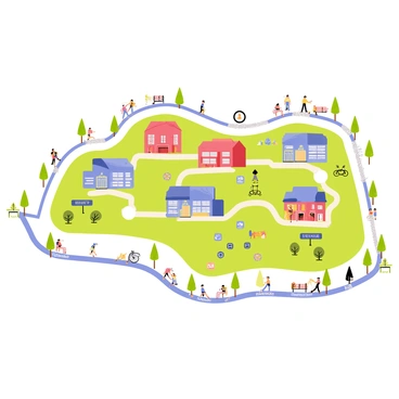 A campus map featuring the BCU logo prominently displayed at the top. The map includes various buildings labeled with names, such as "Library," "Gym," and "Student Center," each illustrated in different colors. Green spaces are depicted with trees and benches, labeled as "Park" and "Garden." Pathways connecting the landmarks are shown in a winding pattern across the campus, with icons indicating locations like "Cafeteria" and "Auditorium." Surrounding the map, a border features small illustrations of students walking and biking, enhancing the lively atmosphere of the campus.