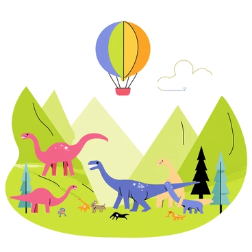 A colorful gas balloon in the shape of an oval floats gently through the sky. Below it, a lush hidden valley filled with various dinosaurs unfolds. The valley is surrounded by steep cliffs covered in greenery. In the valley, a large Tyrannosaurus rex stands with its mouth open, showcasing its sharp teeth. Nearby, a group of long-necked Brachiosaurus grazes on tall trees, their long necks stretching towards the canopy. Small herbivorous dinosaurs wander around, pecking at the ground. The scene captures the vibrant colors of the balloon contrasting with the earthy tones of the valley below.