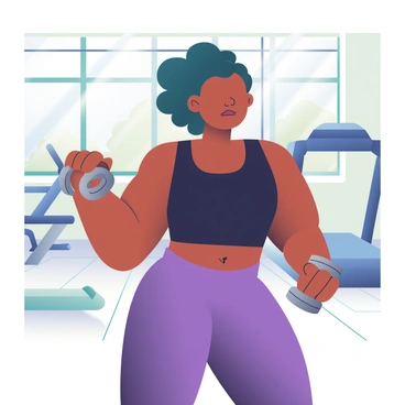 A woman with dark skin and curly hair is performing a dumbbell bicep curl in a bright gym. She is wearing a fitted, sleeveless black tank top and purple leggings. Her facial expression is focused, showcasing determination. The dumbbells she is using are silver with rubber grips. In the background, there are large windows allowing natural light to flood the space, and various gym equipment is visible, including a treadmill and weight racks. The floor is a light-colored hardwood, enhancing the brightness of the scene.