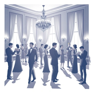 An opulent ballroom filled with elegantly dressed guests. Chandeliers hang from the ceiling, casting intricate shadows across the floor. The guests, in formal attire, are depicted frozen in various poses, their expressions a mix of surprise and confusion. Some are mid-conversation, while others have their drinks paused in mid-air. Luxurious drapes frame the tall windows, and the lavish decor is detailed, with ornate patterns on the walls. "A sudden eerie quiet" permeates the scene, enhancing the tension in the atmosphere.