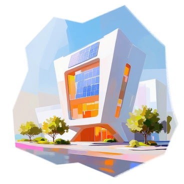 A futuristic building with a sleek, modern design features large, reflective windows that double as solar panels. The structure is tall and angular, with multiple levels and a unique, asymmetrical silhouette. The windows are embedded seamlessly into the façade, capturing sunlight and exhibiting a shimmering surface. Surrounding the building are green spaces with trees and shrubs, enhancing the contemporary aesthetic. The sky is clear and blue, creating a striking contrast against the building's innovative design.