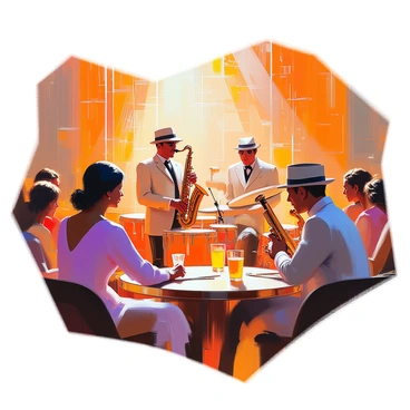 A lively 1920s jazz club filled with an energetic atmosphere. Musicians are performing on a small stage, with a saxophonist in a sharp suit, a pianist with a fedora, and a drummer with a focused expression. Patrons are seated at round tables, enjoying their drinks and tapping their feet to the rhythm. The walls are adorned with intricate "art deco" designs, featuring geometric patterns and bold colors. Soft, warm lighting casts a golden hue over the scene, highlighting the joyful expressions of the audience as they immerse themselves in the music.