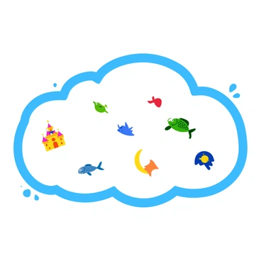 A large, fluffy white cloud with a soft texture is depicted in the center of the image. Within the cloud, there are several small, vibrant illustrations of dreamlike scenes. One scene features a whimsical castle with colorful turrets, another shows flying fish with bright scales, and a third showcases a glowing moon surrounded by twinkling stars. Each illustration is distinct and colorful, creating a lively contrast against the white background of the cloud. The cloud appears to billow gently, as if drifting through a clear blue sky.