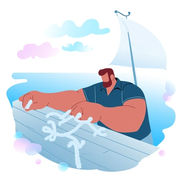 A sailor wearing a navy-blue shirt is tying taut knots on a weathered wooden deck of a ship. The sailor has muscular arms and is focused on his task. Ropes are coiled around his feet and several knots are already secured. In the background, the ocean is visible with gentle waves reflecting "gradient pastel colors." The sky above is filled with soft, colorful clouds, creating a harmonious atmosphere around the sailing ship. The mast of the ship rises tall, with sails catching the wind.