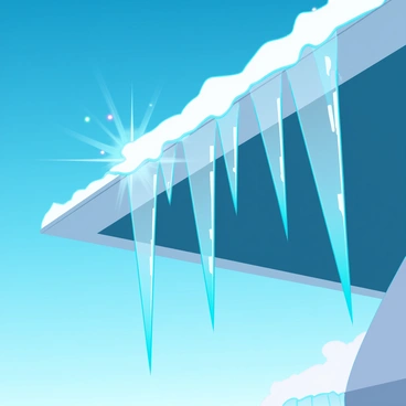 Icicles hanging from the edge of a modern, angular roof. Each icicle is sharp and elongated, reflecting light in brilliant flashes as they catch the sun's rays. The sky is a vivid blue, devoid of clouds, creating a stark contrast with the crystalline structures. The sunlight creates a sparkling effect, illuminating the details of the icicles, enhancing their translucent appearance. The scene conveys a sense of winter, with the architectural design of the roof adding a contemporary touch.