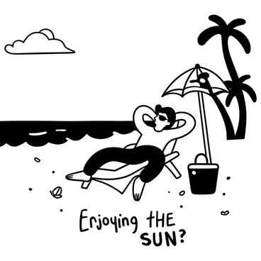 A man reclining on a beach chair with his arms behind his head, wearing sunglasses. The background features a wide expanse of sand, dotted with seashells. There are waves gently lapping at the shore, and a few palm trees provide shade nearby. A beach umbrella is set up beside him, and a cooler sits on the sand within reach. "Enjoying the sun" is written in a playful font in the sand near his chair.