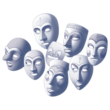 A collection of various cultural masks arranged in an organized display. Each mask is intricately designed, showcasing unique patterns and textures that accentuate different facial features. The masks are representative of various traditions from around the world, with some featuring exaggerated facial characteristics, while others incorporate delicate details and embellishments. The arrangement allows for a clear view of each mask, highlighting their individual artistic qualities and cultural significance.