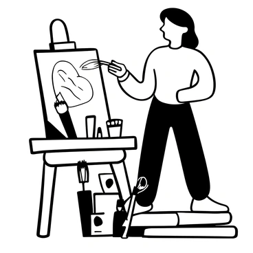 An art teacher demonstrating techniques using various brushes on a canvas
