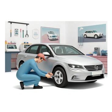 A mechanic, wearing a blue jumpsuit and a red cap, is crouched down next to a silver sedan in a car service shop. He is using a wrench to tighten the bolts on a black tire that has just been replaced. The shop is well-lit, with various tools hanging on the walls and a workbench cluttered with equipment in the background. There are also a couple of other cars being serviced in the shop, and a large poster of different car models can be seen on one of the walls.