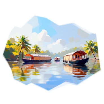 A tranquil scene featuring several houseboats floating gently on the still waters of the Kerala backwaters. The houseboats are made of traditional materials, showcasing intricate woodwork and thatched roofs. Lush green palm trees line the banks, casting reflections in the water. Soft ripples spread across the surface as a small boat passes by. In the distance, a clear blue sky meets the horizon, while a few white clouds drift lazily above.