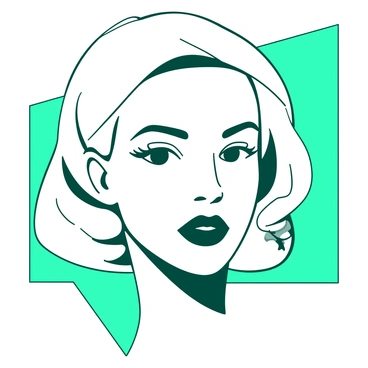 A white face is framed by teal geometric shapes, emphasizing the symmetry and elegance of the features. The eyes are large and almond-shaped, with defined lashes and a bold brow creating a striking expression. The lips are full and painted in a smooth, defined line. The hair is styled in a sleek, angular bob that complements the overall composition. Simple lines and patterns surround the face, enhancing its sophistication while maintaining a clean, modern appearance.