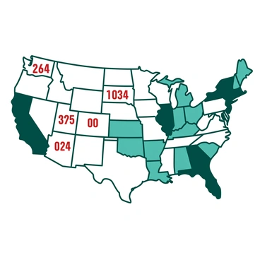 A collage of U.S. state maps displayed on a white background. Each state map is outlined in a fine teal border. The electoral votes are clearly marked within each state, using bold red numbers. The maps are arranged in a grid formation, ensuring that all states are visible and easily identifiable. The overall composition allows for a clear comparison of electoral votes across the different states.