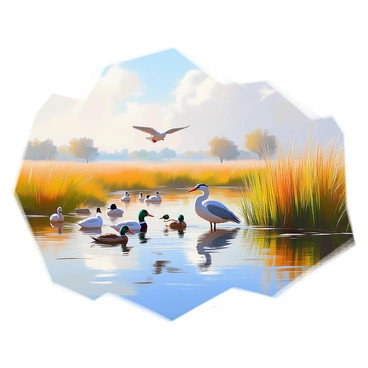 A marshland scene featuring a tranquil body of water reflecting the sky, surrounded by tall grasses swaying gently in the breeze. Various waterfowl are present, including elegant herons and playful ducks, some wading in the shallow waters while others take flight. The grasses are lush and green, creating a vibrant contrast against the blue water. In the background, hints of distant trees and a soft horizon complete the natural landscape.