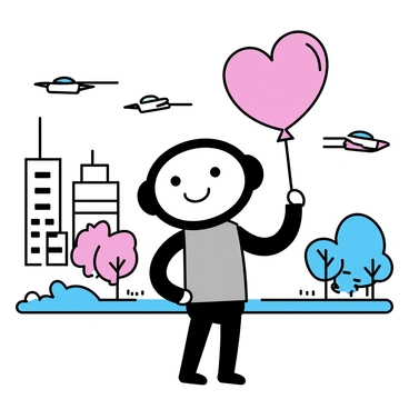 A friendly robot with a shiny metallic exterior is standing in a futuristic city. The robot has a round head with expressive digital eyes and a cheerful smile. It is holding a large, vibrant heart-shaped balloon with a bright red color. In the background, there are sleek, tall buildings with glowing windows and flying vehicles zipping through the air. The ground is a smooth, reflective surface, and small trees with neon leaves are positioned along the walkways.