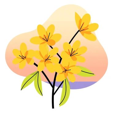 A cluster of "golden wattle flowers" with bright yellow petals is depicted, showcasing their vibrant color. The flowers are accented with delicate green leaves surrounding them. The scene captures the "warm glow of a setting sun," casting a soft, orange light over the flowers. Shadows are gently formed by the flowers, enhancing their detailed structure. The background features a gradient of orange, pink, and purple, representing the sky at sunset, complementing the golden hues of the wattle.