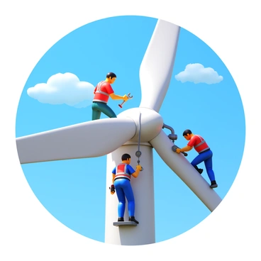 Technicians wearing safety harnesses are performing maintenance on a large wind turbine. They are using various tools, such as wrenches and screwdrivers, to inspect and adjust components of the turbine. The technicians are positioned on a platform, accessing the turbine's blades and nacelle. The scene is set against a backdrop of a clear blue sky with a few clouds visible.