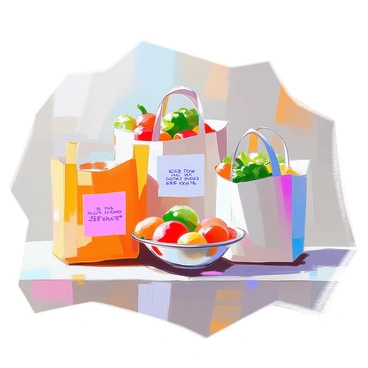 An illustration featuring a collection of reusable grocery bags displayed prominently. Each bag is made from durable fabric and showcases various colors and patterns. Among them, a specific bag stands out with a clear label that reads "keep raw and cooked food separate" in bold, easy-to-read font. The bags are arranged in a way that highlights their functionality, with one bag containing raw vegetables and another bag containing cooked meals, visually demonstrating the importance of preventing cross-contamination. The scene captures a vibrant and practical approach to sustainable shopping.