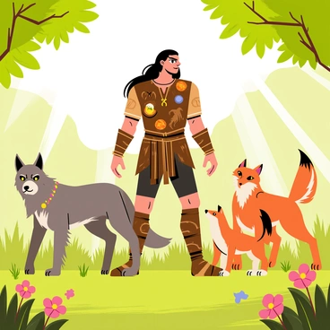 A beastmaster standing confidently in an enchanted meadow with vibrant green grass and colorful flowers. The beastmaster has long flowing hair and wears a rugged leather tunic adorned with various animal motifs. Around the beastmaster, a pack of wild creatures including a fierce wolf with glowing eyes, a majestic eagle soaring above, and a playful fox are gathered closely, responding to the beastmaster's commands. Soft rays of sunlight filter through the trees, illuminating the scene and highlighting the magical atmosphere of the meadow.