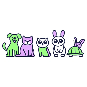 A collection of animals is arranged in a row, each displaying a distinct expression. On the far left, a cheerful dog has its tongue out, sitting with a wagging tail. Next to it, a curious cat tilts its head, with wide eyes and perked ears. In the center, a wise owl perches on a branch, its round eyes looking thoughtfully to the side. To the right, a playful rabbit hops with its ears flopped down, sporting a big grin. Finally, on the far right, a shy turtle peeks out from its shell, with a bashful smile. Each animal has a simple, clean outline, emphasizing their unique characteristics.