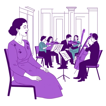 A charming music recital scene where Mrs. Dalloway enjoys a performance in a small, elegant hall.