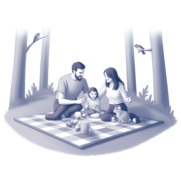 A family gathered on a checkered picnic blanket spread out on a grassy area. The family consists of four members: two adults and two children. The adults are smiling and engaging with the children, while the children are laughing and playing with small woodland creatures. Nearby, a rabbit and a squirrel are curiously approaching the picnic, with the rabbit nibbling on a piece of fruit. A few birds are perched on a nearby tree branch, observing the scene. The setting is surrounded by tall trees and lush foliage, creating a cozy woodland atmosphere.