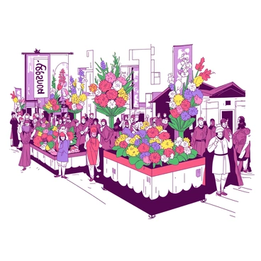A vibrant parade featuring various floats that are covered entirely in fresh flowers. Each float showcases a different design, with arrangements of colorful blooms in an array of shapes and sizes. People dressed in medieval costumes are walking alongside the floats, holding banners adorned with floral patterns. The street is lined with spectators, many of whom are wearing floral crowns. The atmosphere is lively as musicians play traditional instruments, adding to the festive spirit of the event.