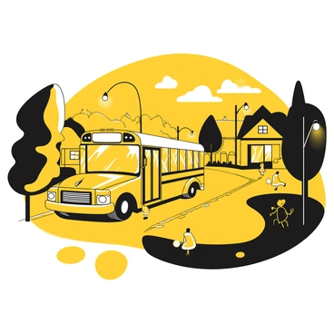 A bus with large windows and a prominent front grill moves along a winding road through a suburban neighborhood. The bus has a light source illuminating its path, creating a contrast against the darkening sky. On either side of the road, there are neat houses with front lawns and trees casting long shadows. The street is lined with street lamps that are beginning to turn on, casting warm pools of light. In the background, a few children can be seen playing in one of the yards, their silhouettes visible against the fading daylight.