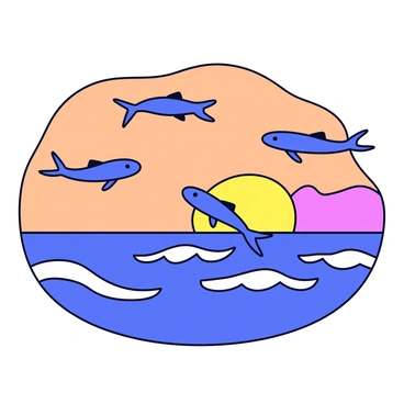 A group of flying fish soaring above the ocean waves. The fish have elongated bodies and fins that are spread out like wings. Below them, the water is a deep blue with white frothy waves. In the background, the sky is painted in shades of orange and pink, indicating a sunset. The sun is partially visible, casting a warm glow over the scene.