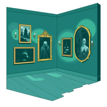 An art gallery with teal walls adorned with various gothic-style paintings. Each painting is encased in intricate, gold ornate frames that highlight their details. The lighting in the gallery is dim, casting subtle shadows that add depth to the artworks. The floor is polished wood, reflecting the soft glow of strategically placed wall sconces. Some paintings depict dark, mysterious themes while others showcase fantastical elements, all contributing to the overall gothic ambiance of the space.