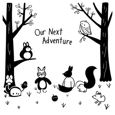 A group of animals gathered in a woodland clearing, engaged in a conversation. A wise owl perches on a low hanging branch, while a rabbit sits on the ground with its ears perked up. A fox stands nearby, looking attentive, and a playful squirrel darts around the feet of the others. Trees with textured bark surround the clearing, with leaves detailed against the sky. An acorn lies on the ground, and patches of grass fill the open space. Words "Our Next Adventure" are inscribed in the air above the group.