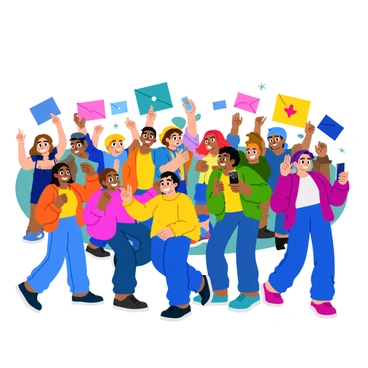 A group of diverse people are standing together at a lively rally, smiling and posing for selfies. Each person holds up their smartphones, capturing the excitement of the moment. Colorful banners and signs are visible in the background, displaying various messages. The crowd is animated, with some individuals giving thumbs up or peace signs. Bright clothing adds vibrancy to the scene, enhancing the joyful atmosphere as they share their experiences on social media.