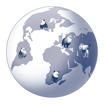 A globe featuring detailed illustrations of various animals native to different continents. The globe is adorned with depictions of a kangaroo for Australia, a lion for Africa, a bald eagle for North America, a panda for Asia, and a toucan for South America. Each continent is clearly marked, and the animals are artistically placed across their respective regions. The ocean surfaces are highlighted with wave patterns, while the overall design emphasizes the unique wildlife of each area.